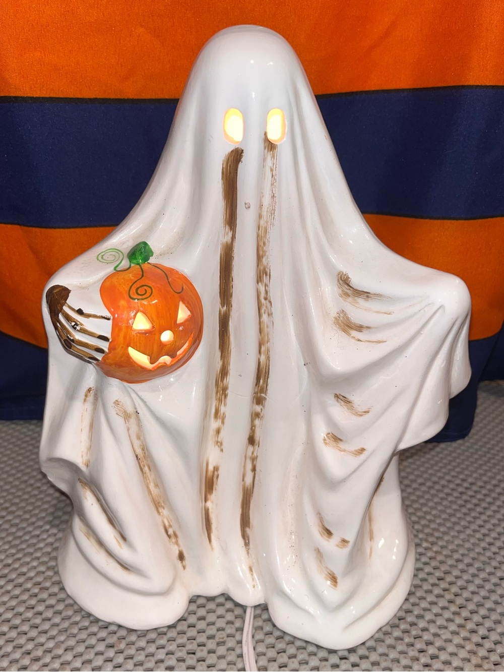 Vintage Ceramic lighted Halloween Ghost Holding Pumpkin Jack O Lantern W Cord